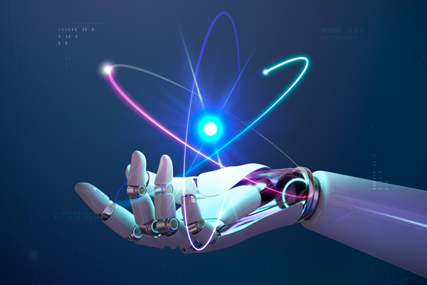دست یک ربات که یک اتم که الکترون ها دور آن می چرخند