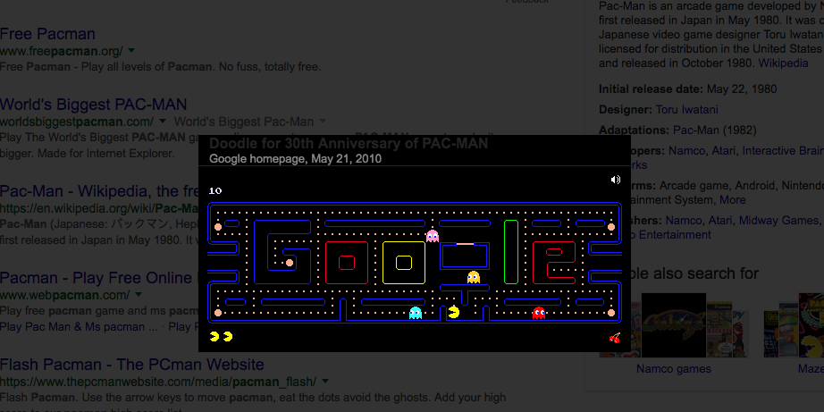اجرای بازی آنلاین پک من Pacman در نتایج جستجوی گوگل