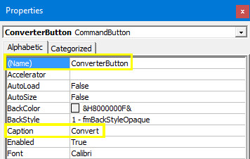 پنجره Properties در اکسل برای تغییر نام و Caption دکمه ActiveX CommandButton1