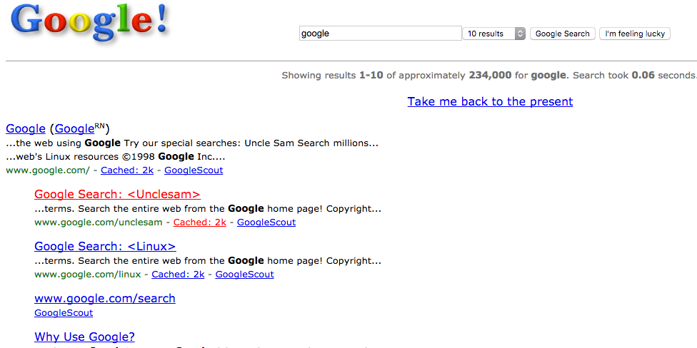 تغییر ظاهر نتایج گوگل به نسخه قدیمی سال ۱۹۹۸ با عبارت google in 1998