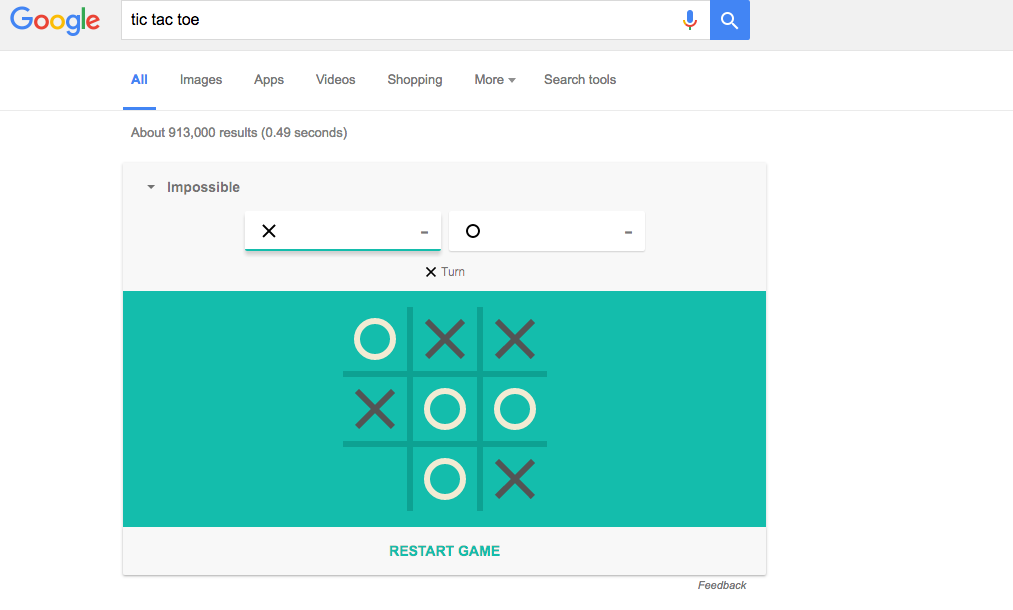 محیط بازی دوز آنلاین XO با سرچ عبارت tic tac toe در گوگل