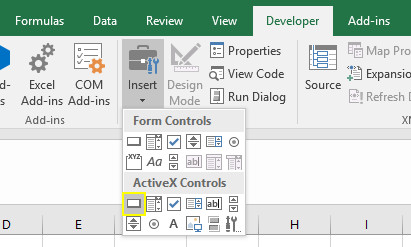 انتخاب یک دکمه Command از کنترلهای ActiveX در اکسل برای شروع برنامهنویسی VBA