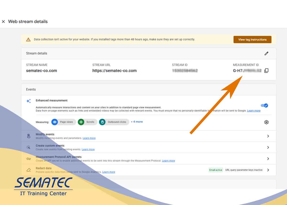 پنجره Web stream details و پیدا کردن Measurement ID