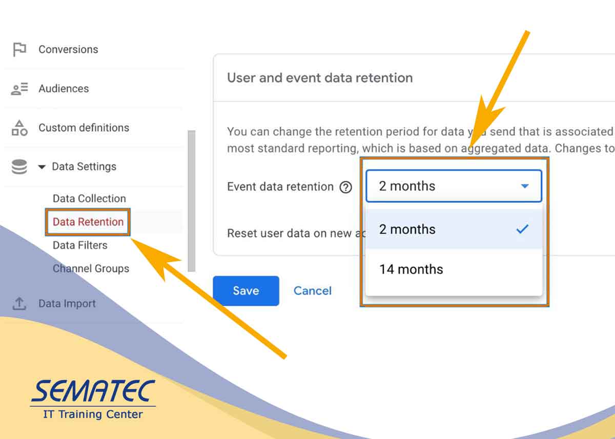 صفحه تنظیمات Data Retention در GA4 تغییر زمان نگهداری دادههای رویدادها از ۲ ماه به ۱۴ ماه